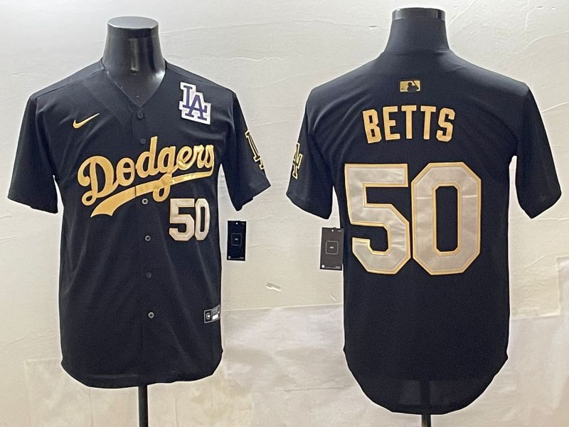 Men Los Angeles Dodgers 50 Betts Black Gold Nike 2025 MLB Jersey style 42612